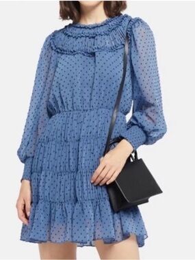 Sandro Blue Polka Dot Long Sleeve Tiered Mini Dress